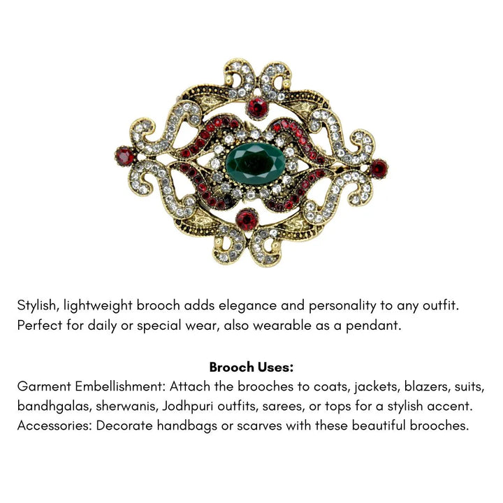 ANI Accessories green stone baroque brooch with a list of uses on sarees, suits, sherwanis and bags 