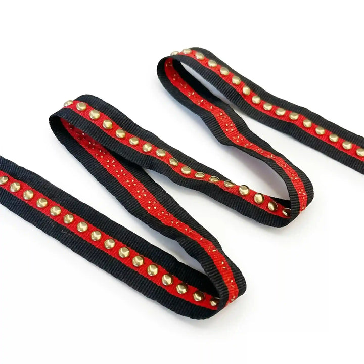 ANI Accessories close-up of grosgrain ribbon trim with gold metal studs with white color background 