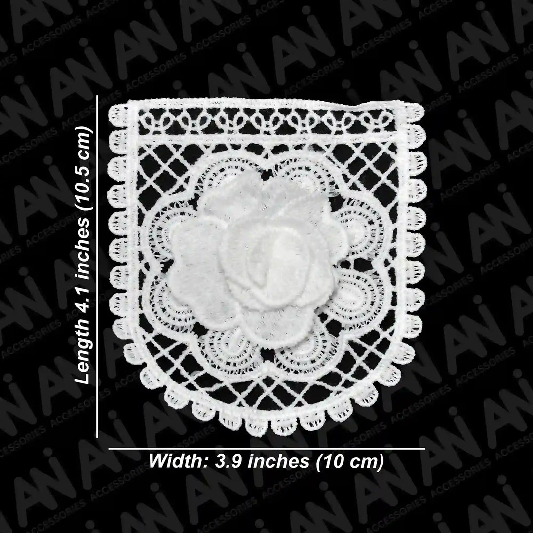 ANI Accessories guipure lace patch size chart: length 4.1 inches (10.5 cm), width 3.9 inches (10 cm) 
