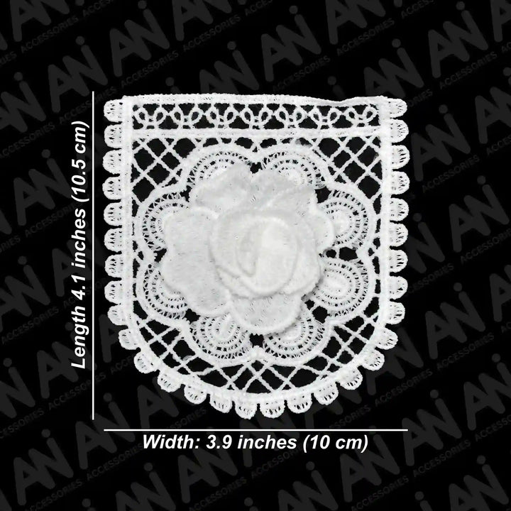 ANI Accessories guipure lace patch size chart: length 4.1 inches (10.5 cm), width 3.9 inches (10 cm) 