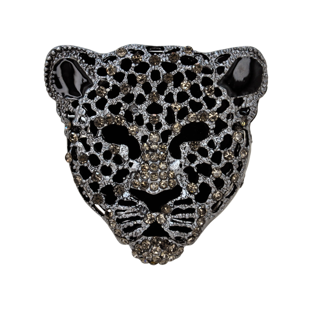 ANI Accessories gunmetal leopard brooch for men with rhinestones, front view on white color background 