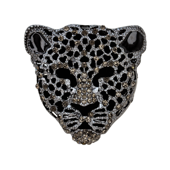 ANI Accessories gunmetal leopard brooch for men with rhinestones, front view on white color background 