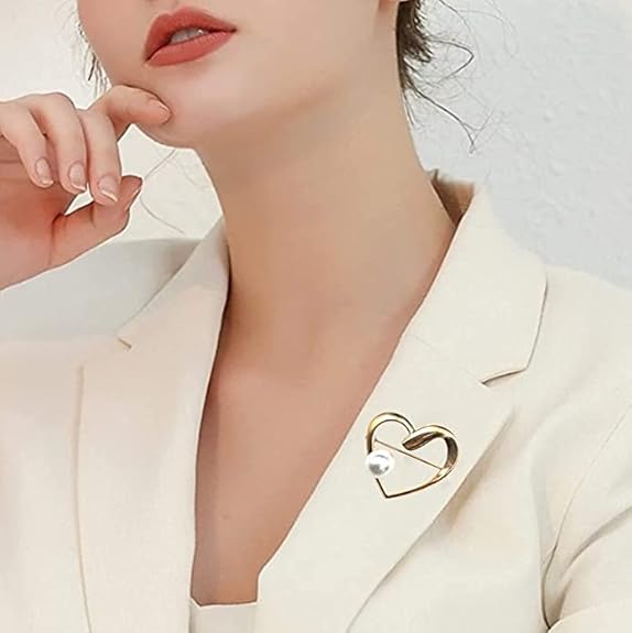 Elegant Heart Brooch with Single Pearl for Casual & Formal Wear on a light blazer