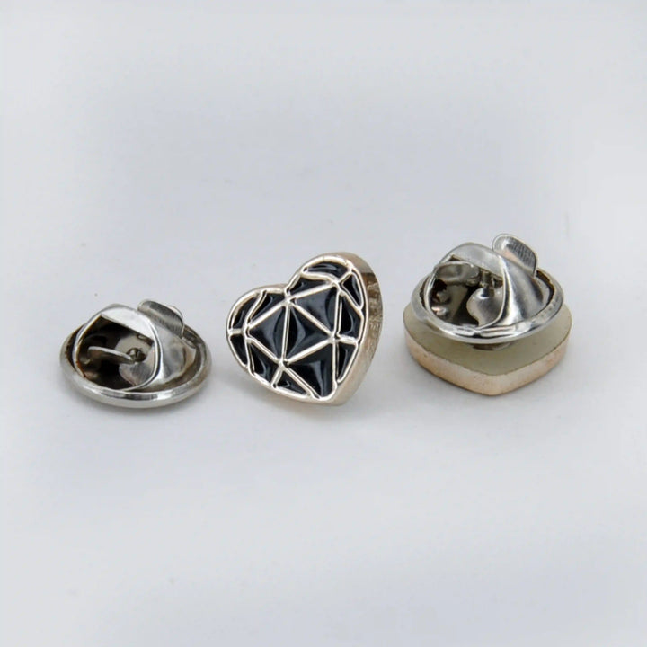 ANI Accessories black heart lapel pins shown from the side and back with butterfly clutches with white color background 