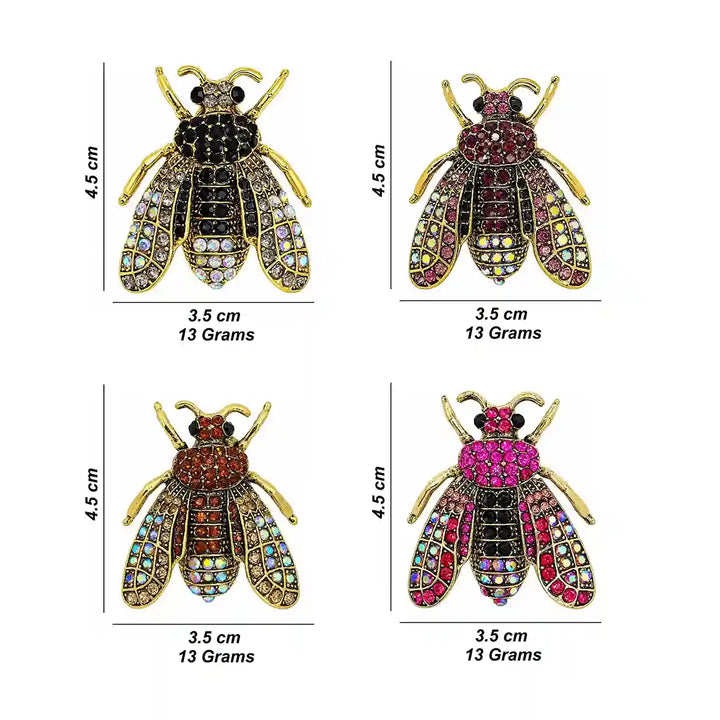 ANI Accessories honeybee crystal brooch size chart showing 4.5 x 3.5 cm and 13 grams in 4 colours with white colorr background 