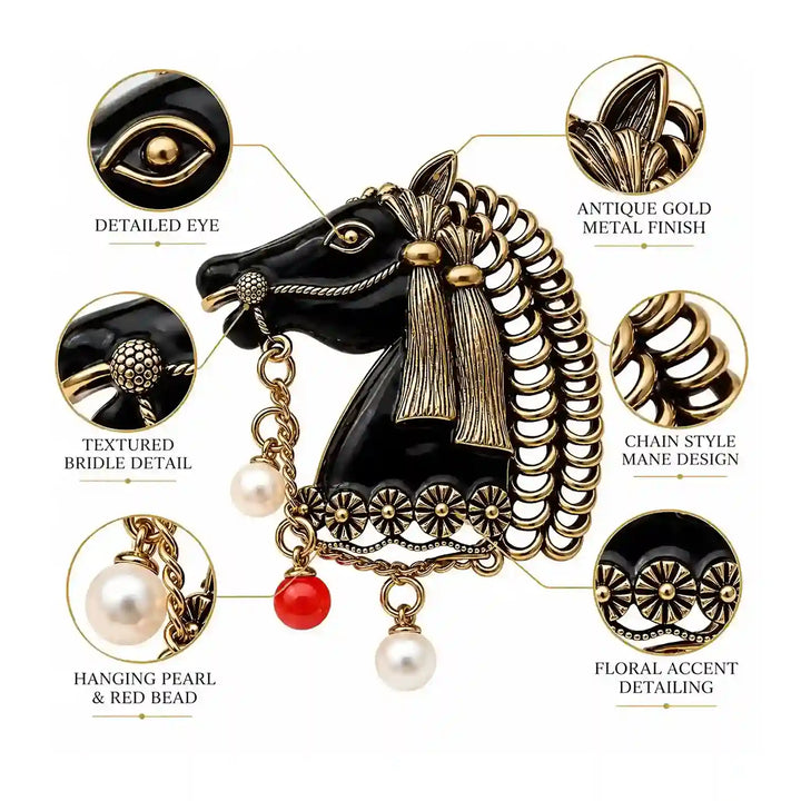 ANI Accessories horse head brooch showing detailed eye, bridle, chain mane, floral accents and pearl drops with white color background 