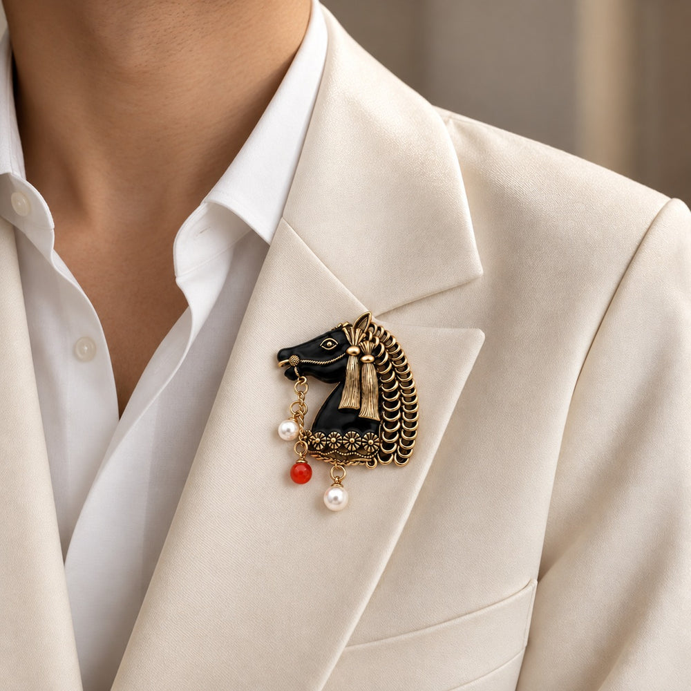 ANI Accessories horse head brooch on a man's navy bandhgala 
