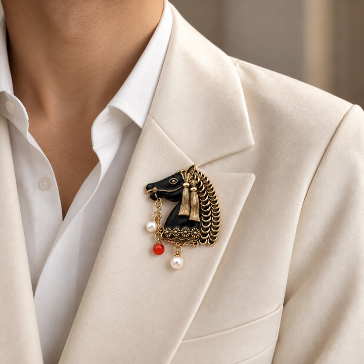 ANI Accessories horse head brooch on a man's navy bandhgala 