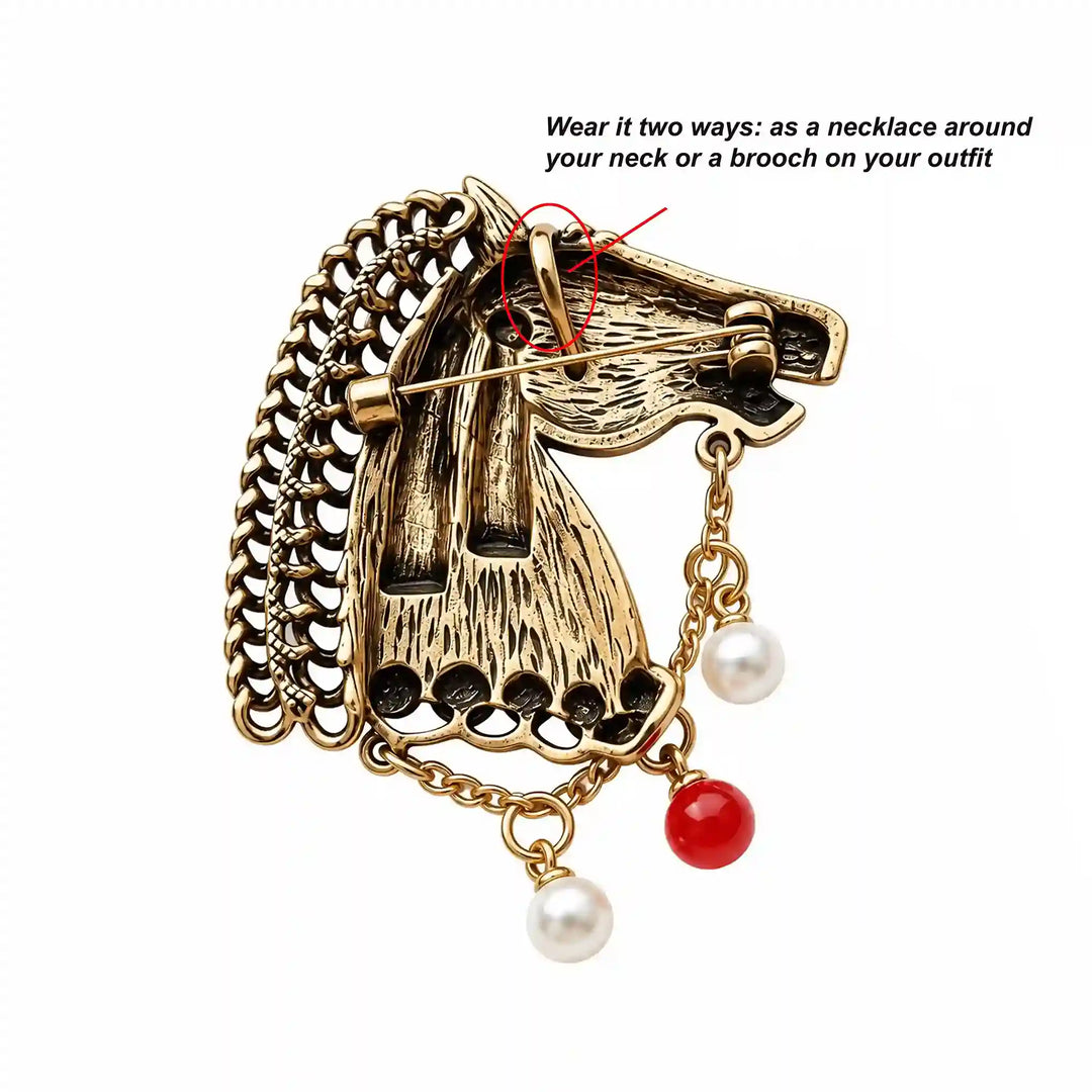 ANI Accessories horse head brooch back view with pin and pendant loop with white color background 
