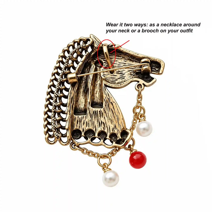 ANI Accessories horse head brooch back view with pin and pendant loop with white color background 
