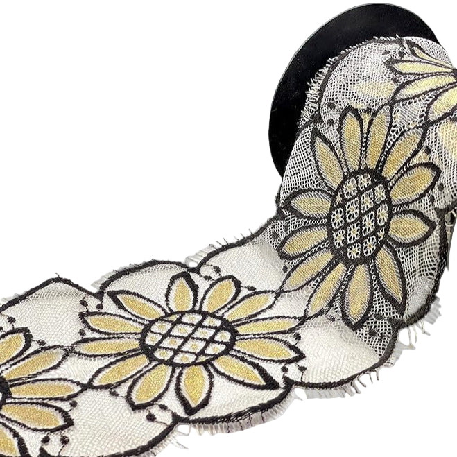 Imported 3 Meter Net Scallop Nylon Lace with Floral Pattern in Black and Yellow for Crafting Projects