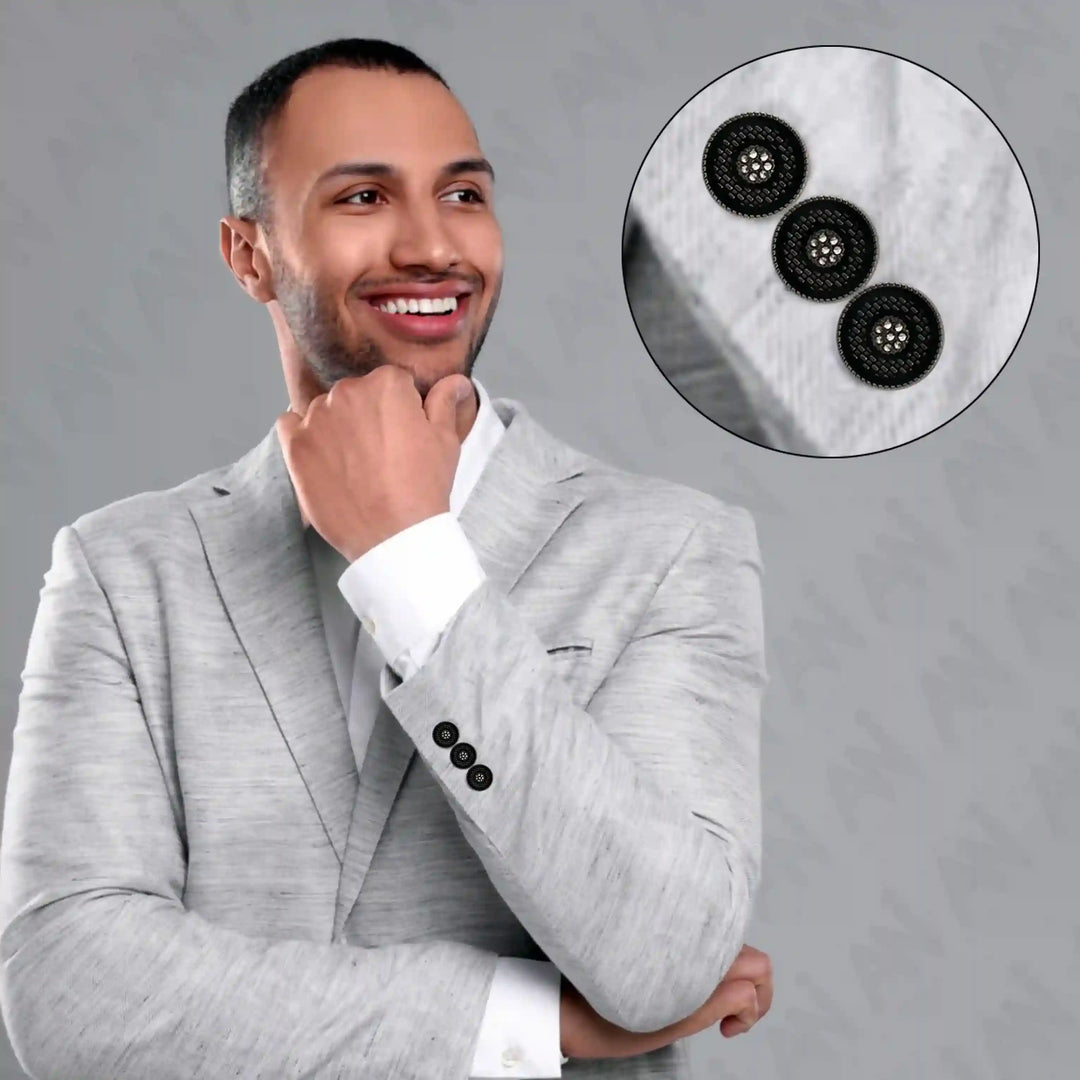 Model Wearing Midnight Sparkle Crystal Buttons by Ani Accessories, Perfect for Men’s Trending Styles, Coats, and Sherwanis.