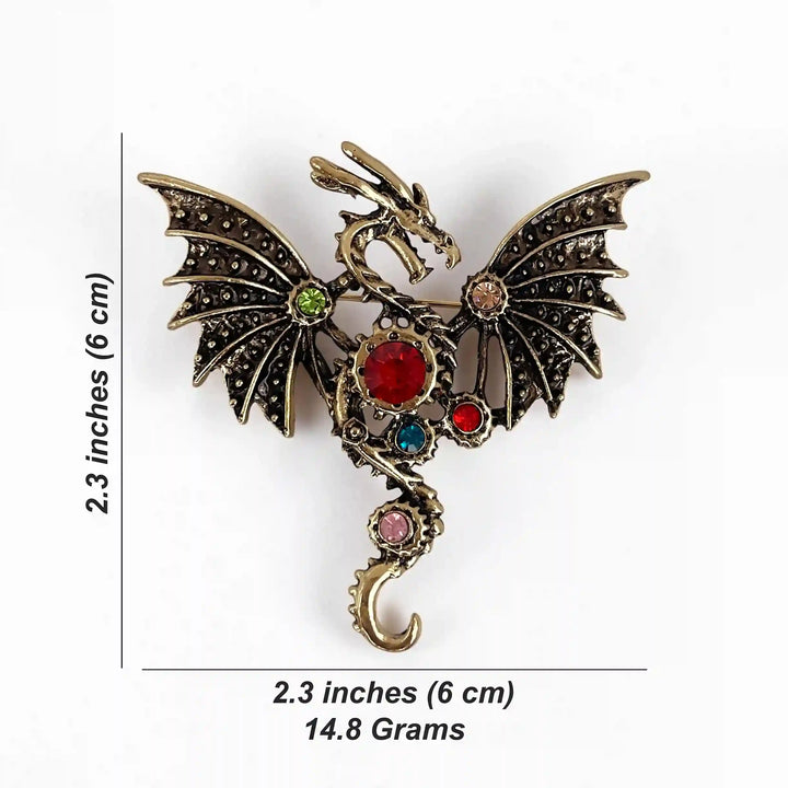 ANI Accessories jeweled dragon brooch size chart: 6 x 6 cm (2.3 x 2.3 inches), 14.8 grams with white color background 