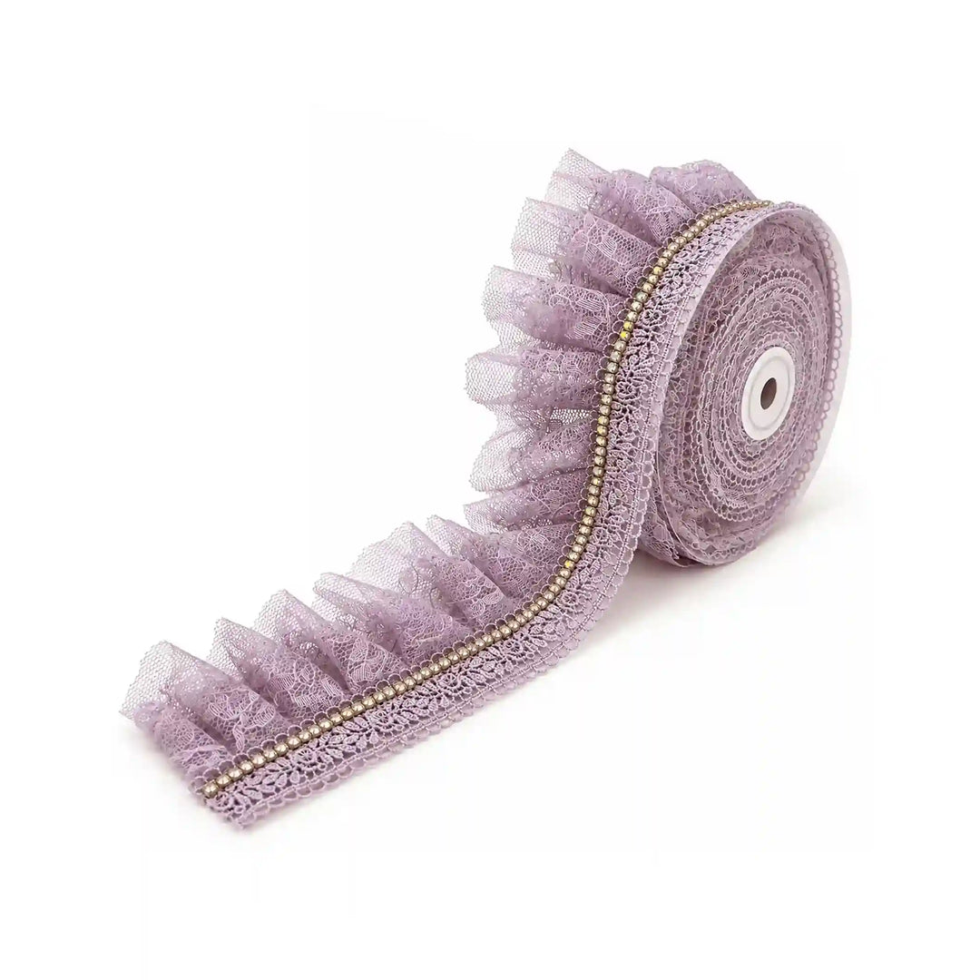 ANI Accessories lavender ruffle fringe lace roll, 6.5 cm tulle net frill with silver shimmer top edge with white color background 