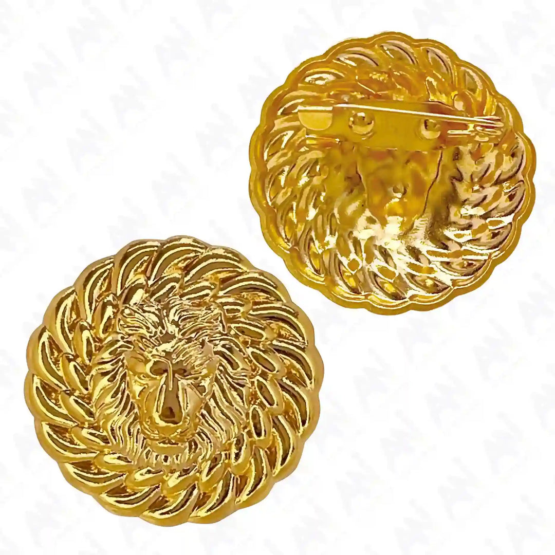 Lion head gold brooch showing the front lion design and the pin on the back 