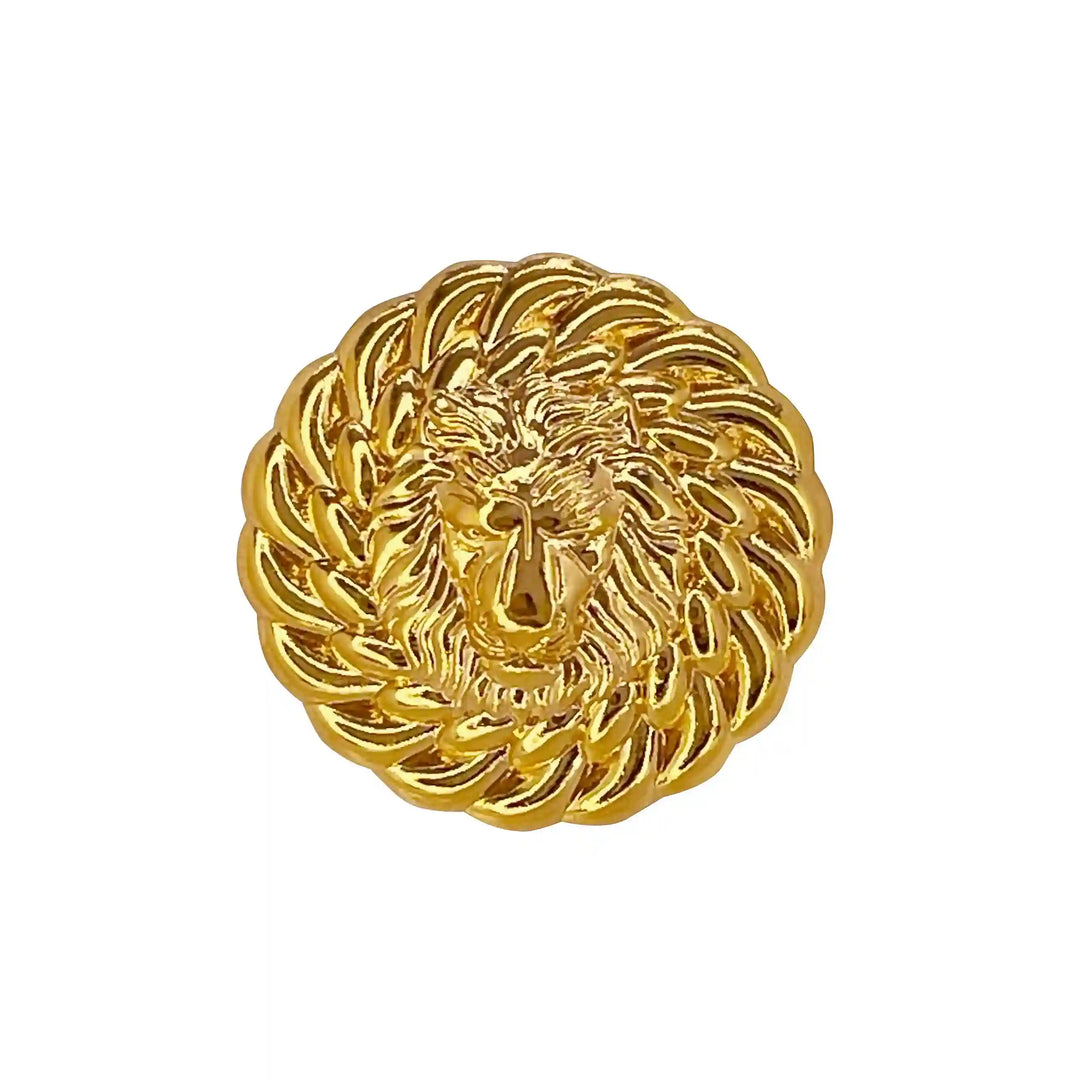 Round lion head gold brooch with detailed lion face and twisted rope border