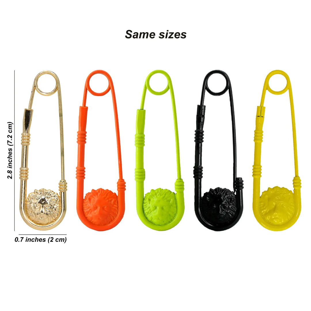 Lion head safety pin size chart, 7.2 x 2 cm, same size in all colours with white color background 