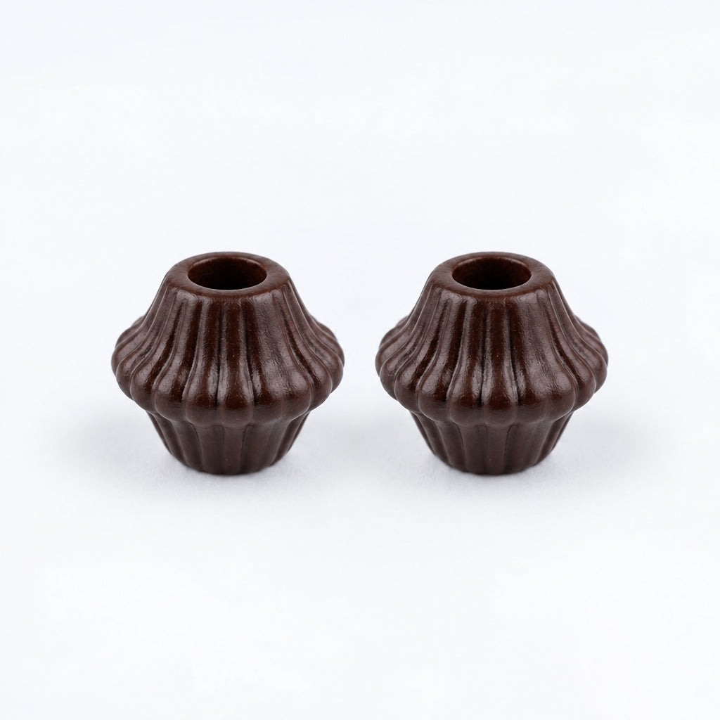 ANI Accessories mini dark brown fluted cord end bead with biconical shape and centre hole, front view on white background