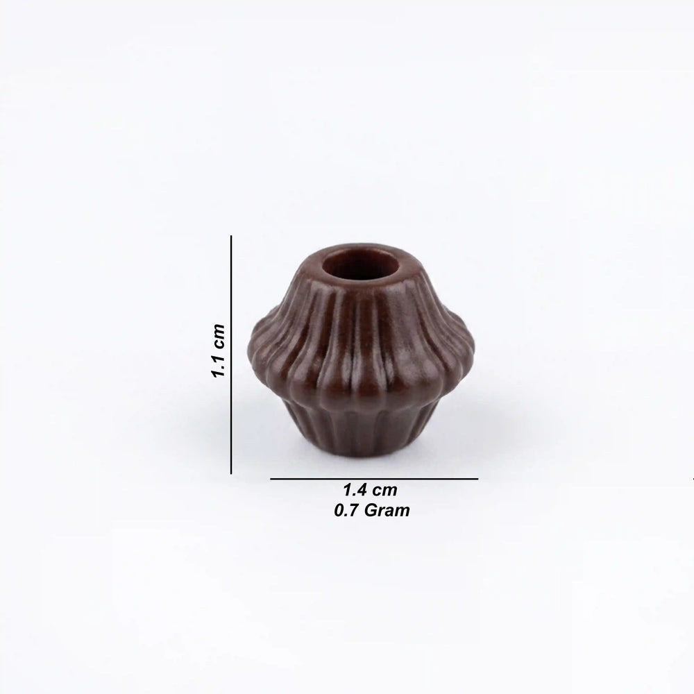 ANI Accessories mini dark brown fluted cord end bead size chart: 1.1 cm height, 1.4 cm width and 0.7 gram weight With white Background 