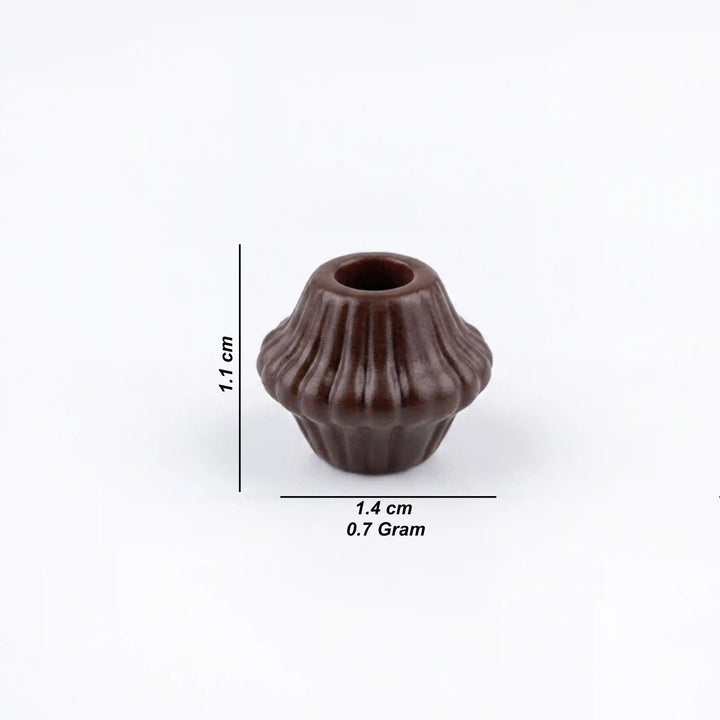 ANI Accessories mini dark brown fluted cord end bead size chart: 1.1 cm height, 1.4 cm width and 0.7 gram weight With white Background 