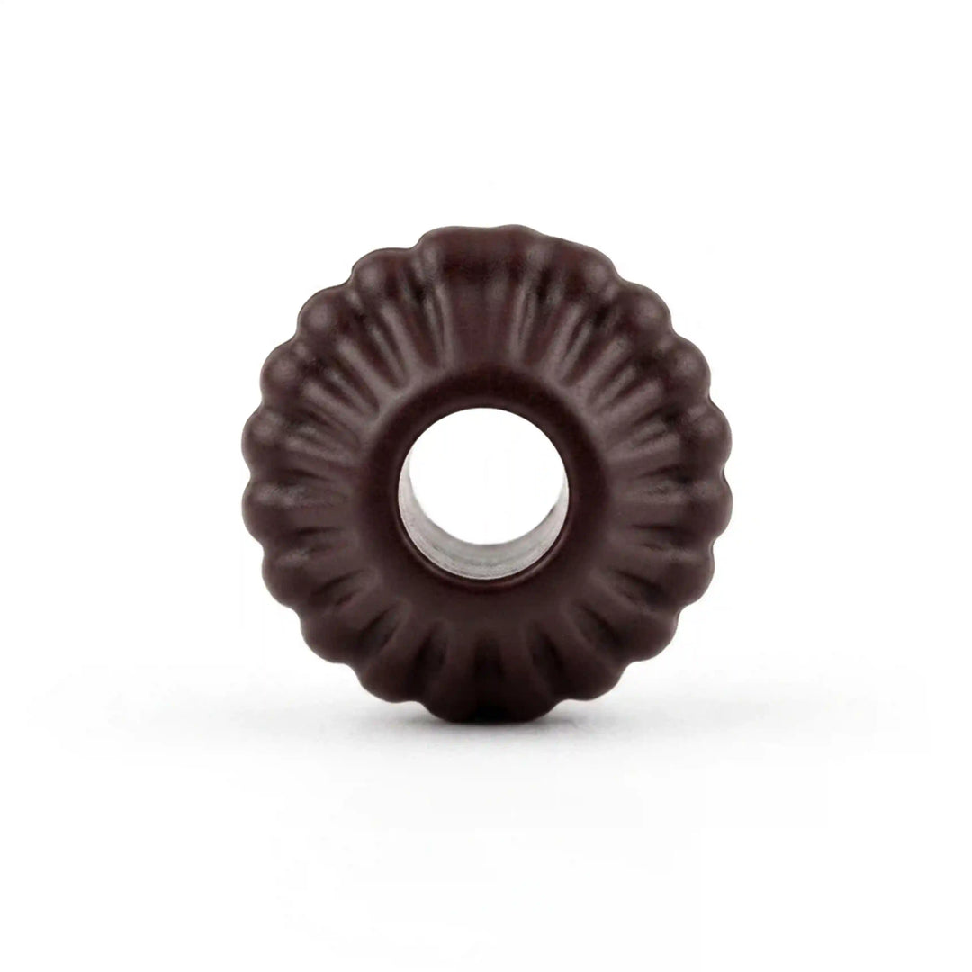ANI Accessories mini dark brown fluted cord end bead, end-on view of the scalloped rim and wide centre hole on white Background 