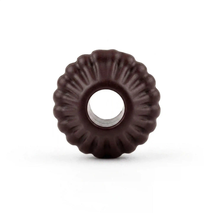 ANI Accessories mini dark brown fluted cord end bead, end-on view of the scalloped rim and wide centre hole on white Background 