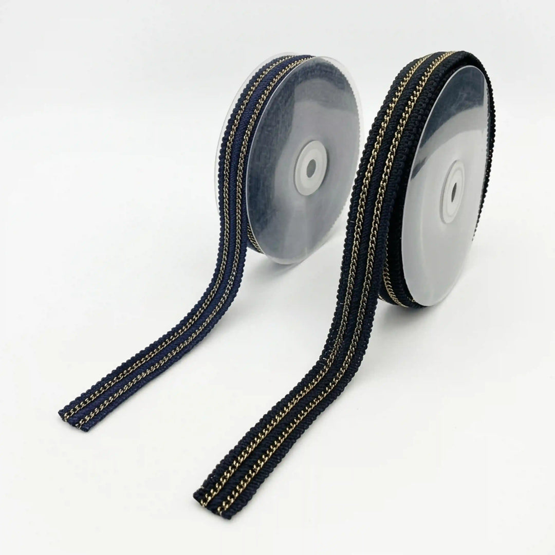 ANI Accessories navy blue and black metal chain lace rolls side by side with white color background 