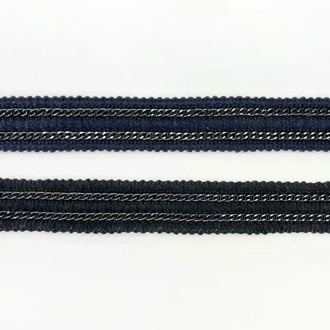 ANI Accessories navy blue and black chain lace border, 2 cm, laid flat side by side with white color background  
