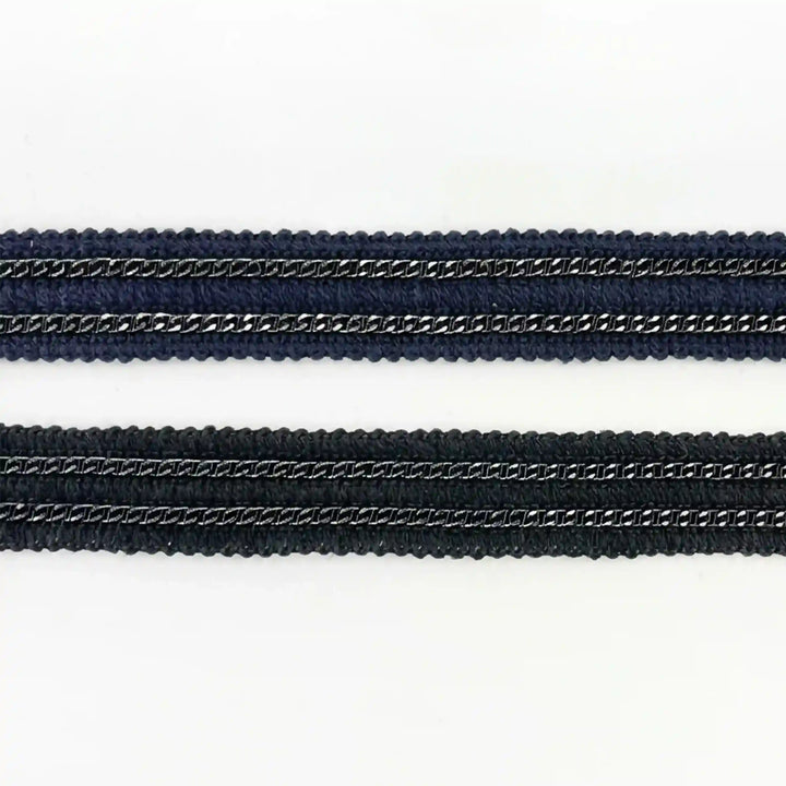 ANI Accessories navy blue and black chain lace border, 2 cm, laid flat side by side with white color background  