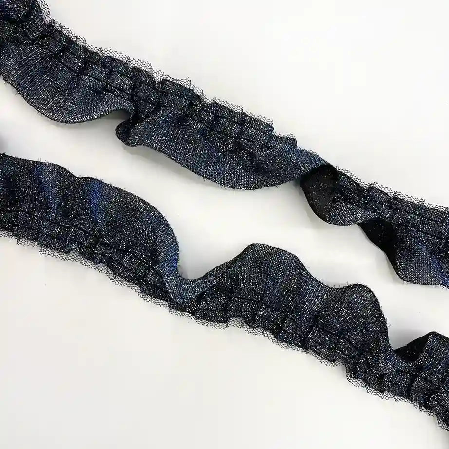 ANI Accessories navy blue frill lace with black net edges laid in a wave with white color background 