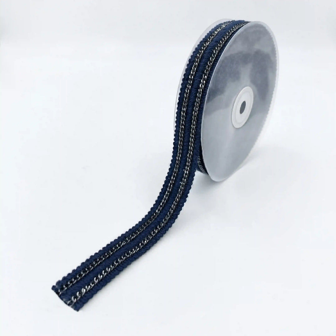 ANI Accessories navy blue lace border with dark silver chain on a roll with white color background 
