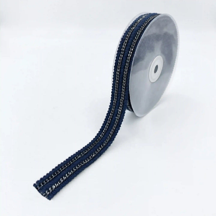 ANI Accessories navy blue lace border with dark silver chain on a roll with white color background 