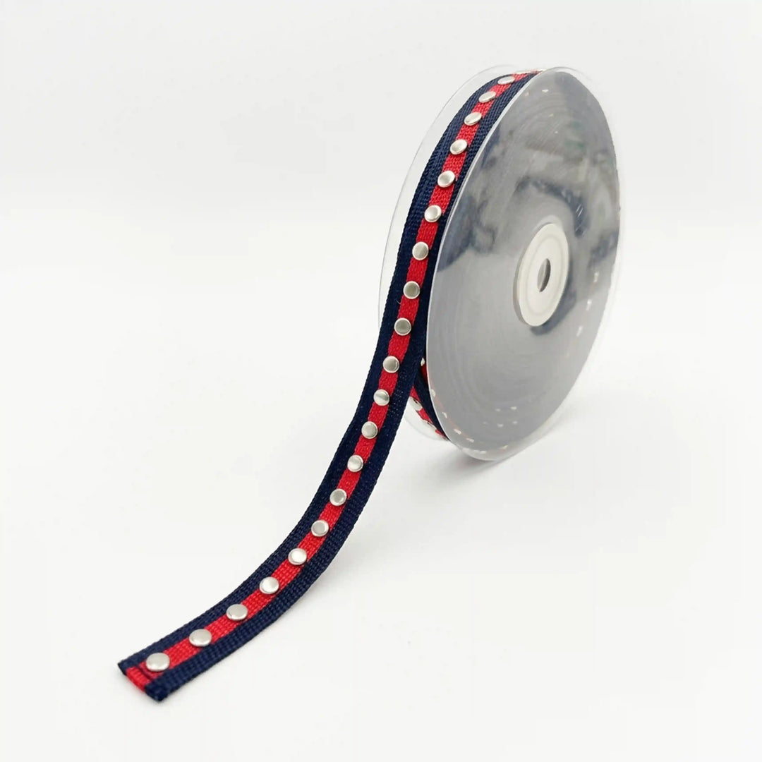 ANI Accessories navy red stripe studded metal eyelet lace on a roll with white color background 