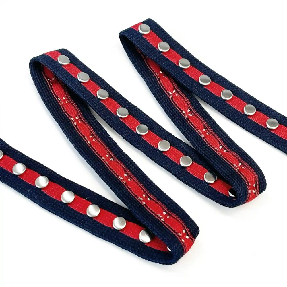 ANI Accessories navy and red studded tape trim folded in a zigzag with white color background 