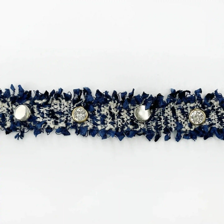 ANI Accessories navy and white tweed fringe trim with rhinestone and silver studs