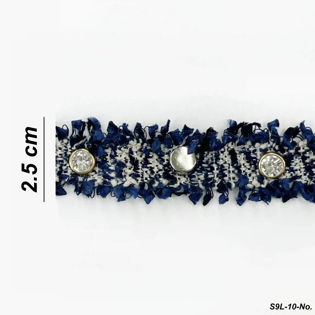 ANI Accessories navy tweed trim size chart showing 2.5 cm width 