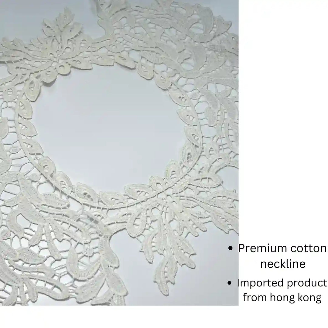 Close-up of round cutwork neckline by Ani Accessories showing intricate floral craftsmanship and detailed design on women’s garment