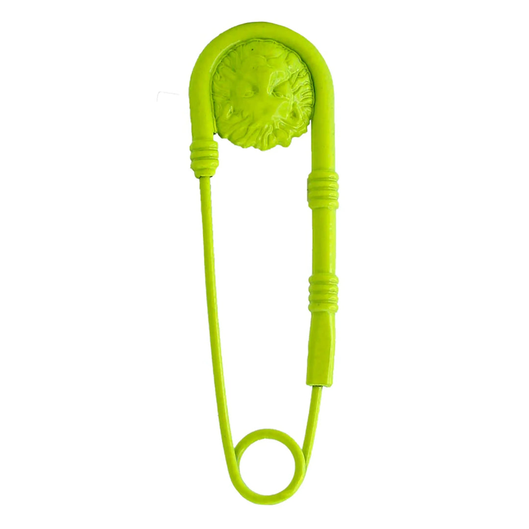 Neon green lion head safety pin brooch on white background with white color background 
