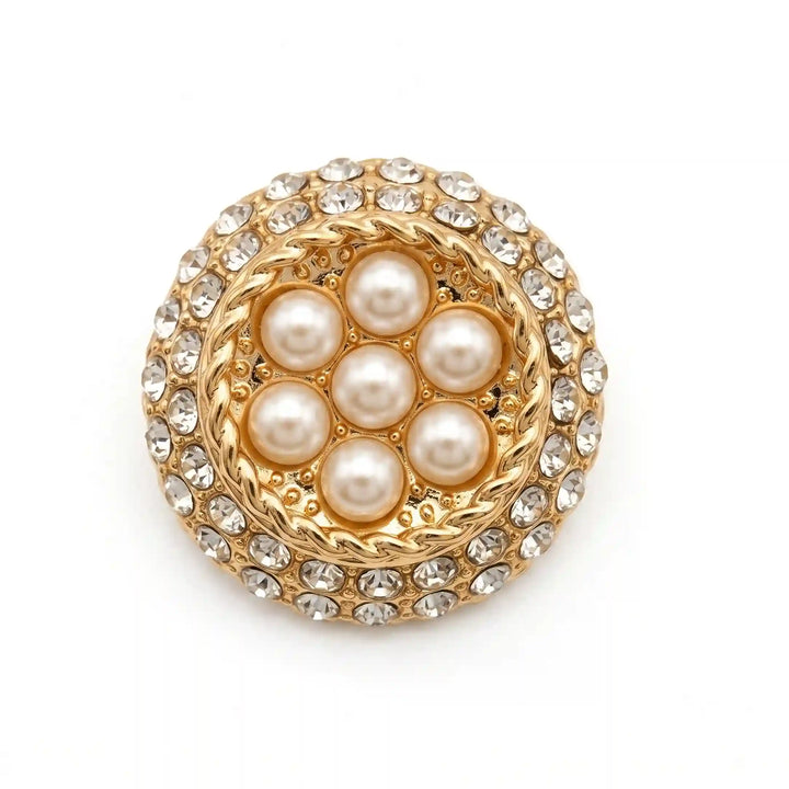 ANI Accessories gold shank button with domed pearl-look cluster centre and pave rhinestone border, front view with white color background 