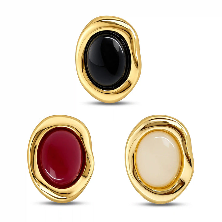 ANI Accessories oval gold enamel buttons in black, maroon and cream with white color background 