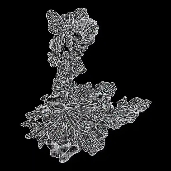 ANI Accessories oversized white floral guipure lace patch in spun poly with ruffled petals, on black 