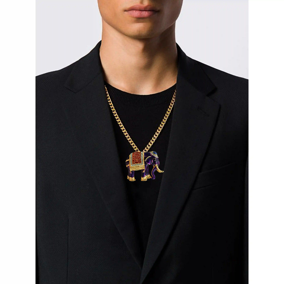Man wearing a purple enamel elephant on a black suit 