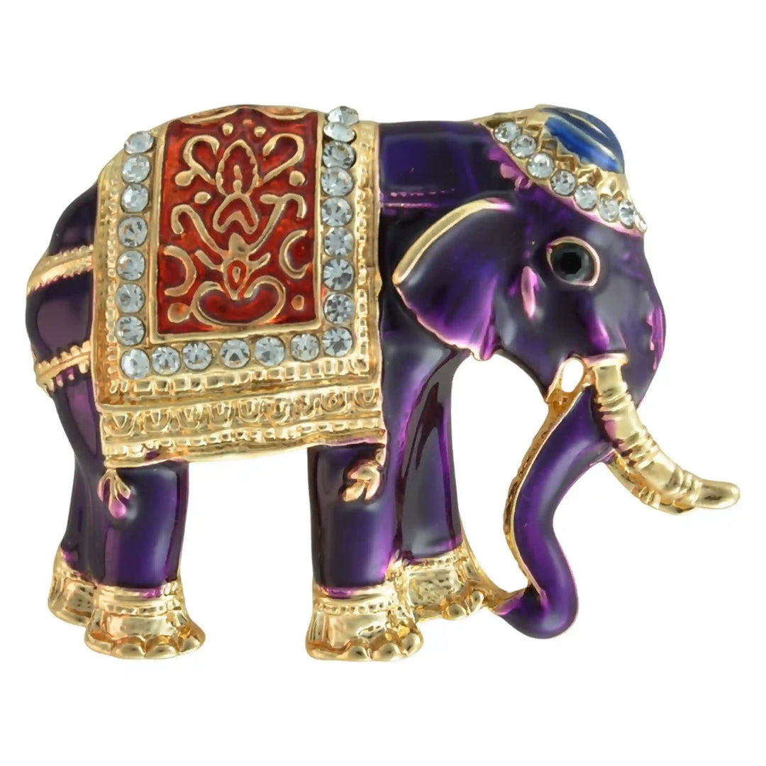 Purple enamel elephant brooch with gold-tone trims and rhinestone saddle cloth 