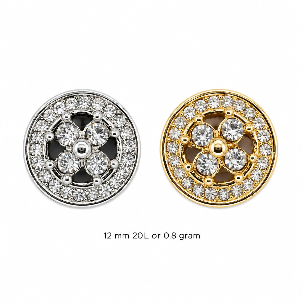 ANI Accessories quatrefoil rhinestone metal button size chart: 12 mm (20 L) and 0.8 grams, in silver and gold