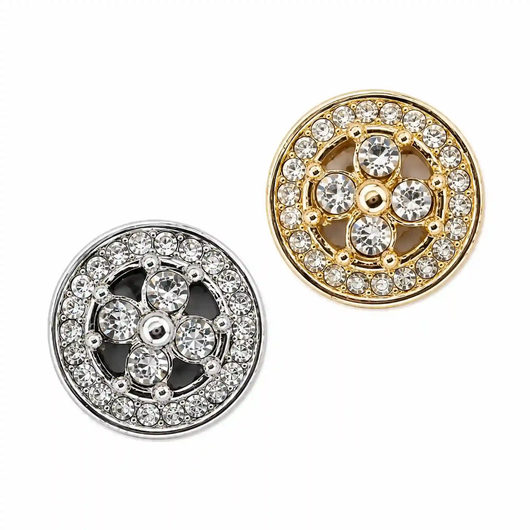 ANI Accessories silver and gold quatrefoil rhinestone metal buttons with pave crystal border, side by side