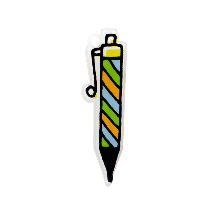 Rainbow pen charm with green, orange and blue stripes and a yellow cap with white colorr background 