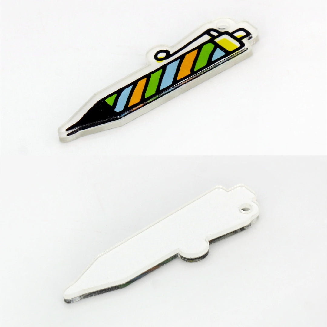 Rainbow pen charm showing the printed front and the flat white back with white color background 