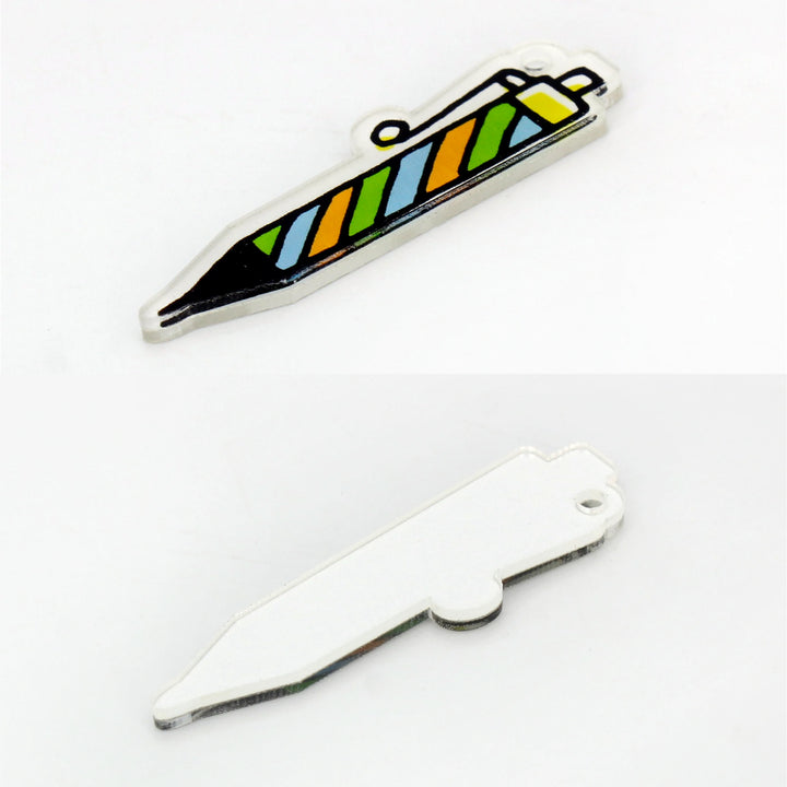 Rainbow pen charm showing the printed front and the flat white back with white color background 