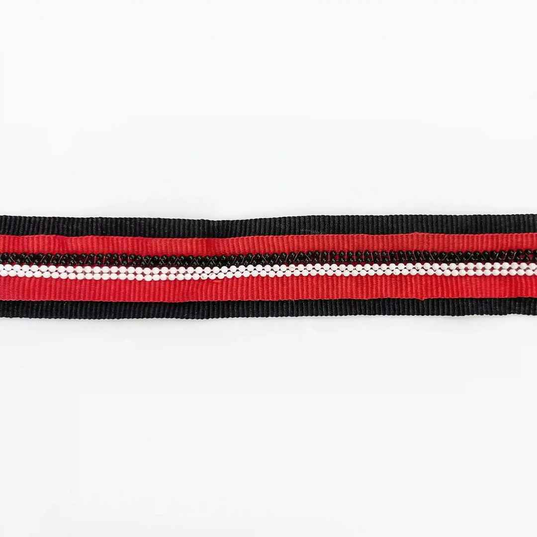 ANI Accessories red and black beaded lace with black and white beads laid flat with white color background 