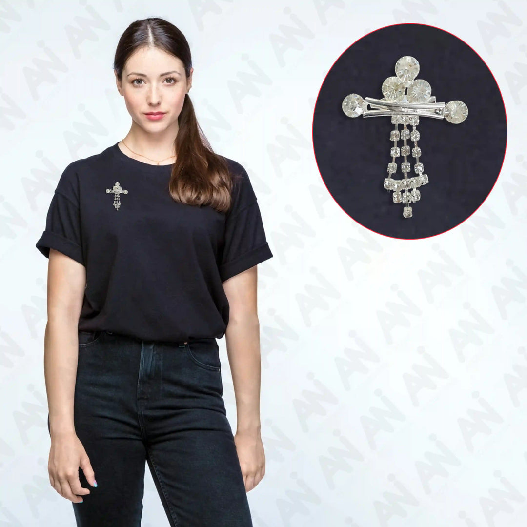 Regal Rhinestone & Crystal Brooch for Trendy Fashion displayed on a model wearing a black t-shirt
